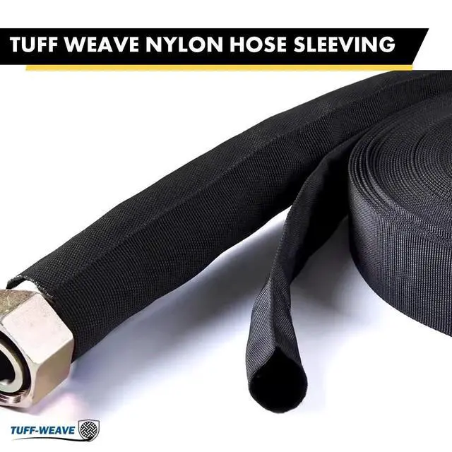 Alt view image 2 of 7 - 1.25 Inch 165 Feet Tuff Weave Nylon Protective Hose Sleeve, Industrial Heavy Duty Protective Sleeving, Guard, Sheath, Cover for Hydraulic Hose Pipes, Wires, Cables, and Cords Black