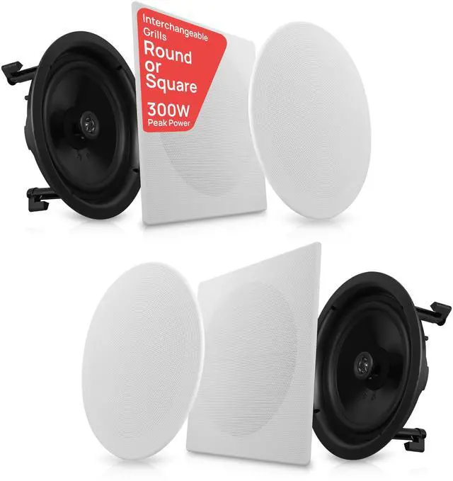 Main image of 10 In-Ceiling In-Wall Speakers (Pair) 2-Way Flush Mount Home Audio System, 300W Stereo Sound, Quick Connect, Changeable Round/Square Grills, Polyprone Cone, Polymer Tweeter (PDIC16106)