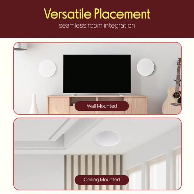 Alt view image 2 of 7 - 10 In-Ceiling In-Wall Speakers (Pair) 2-Way Flush Mount Home Audio System, 300W Stereo Sound, Quick Connect, Changeable Round/Square Grills, Polyprone Cone, Polymer Tweeter (PDIC16106)
