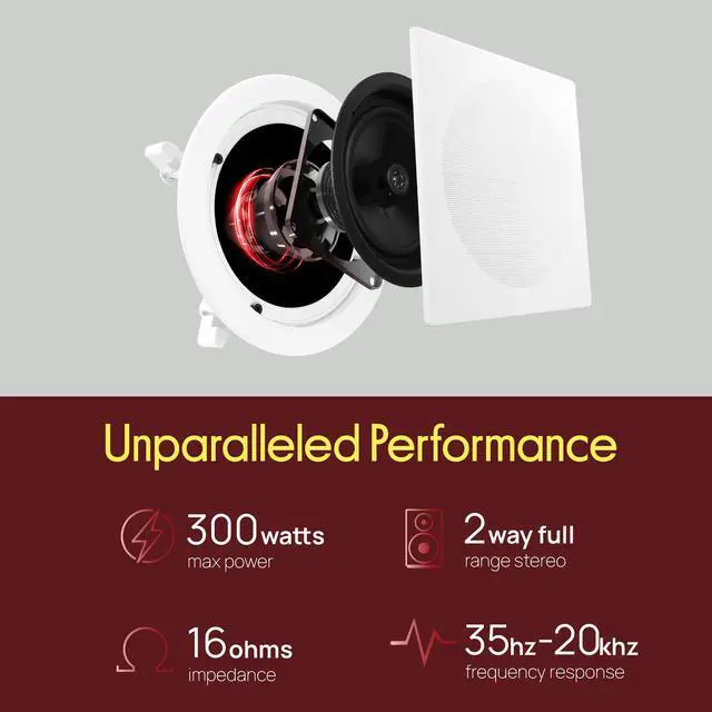 Alt view image 4 of 7 - 10 In-Ceiling In-Wall Speakers (Pair) 2-Way Flush Mount Home Audio System, 300W Stereo Sound, Quick Connect, Changeable Round/Square Grills, Polyprone Cone, Polymer Tweeter (PDIC16106)