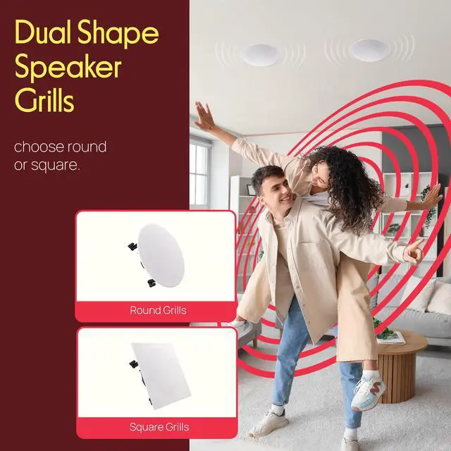 Alt view image 3 of 7 - 10 In-Ceiling In-Wall Speakers (Pair) 2-Way Flush Mount Home Audio System, 300W Stereo Sound, Quick Connect, Changeable Round/Square Grills, Polyprone Cone, Polymer Tweeter (PDIC16106)