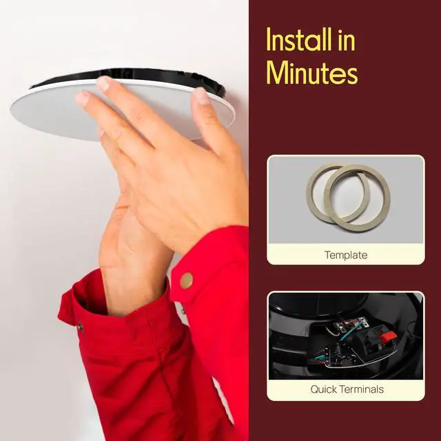 Alt view image 6 of 7 - 10 In-Ceiling In-Wall Speakers (Pair) 2-Way Flush Mount Home Audio System, 300W Stereo Sound, Quick Connect, Changeable Round/Square Grills, Polyprone Cone, Polymer Tweeter (PDIC16106)