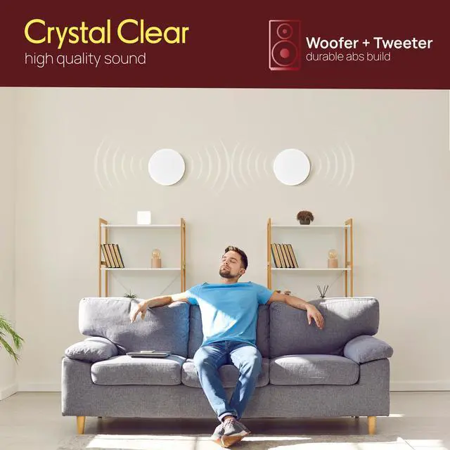 Alt view image 5 of 7 - 10 In-Ceiling In-Wall Speakers (Pair) 2-Way Flush Mount Home Audio System, 300W Stereo Sound, Quick Connect, Changeable Round/Square Grills, Polyprone Cone, Polymer Tweeter (PDIC16106)