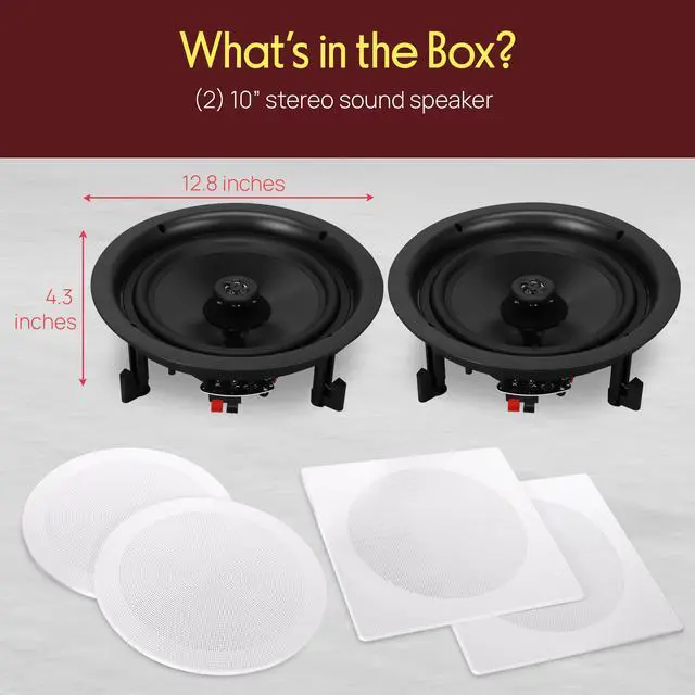 Alt view image 7 of 7 - 10 In-Ceiling In-Wall Speakers (Pair) 2-Way Flush Mount Home Audio System, 300W Stereo Sound, Quick Connect, Changeable Round/Square Grills, Polyprone Cone, Polymer Tweeter (PDIC16106)