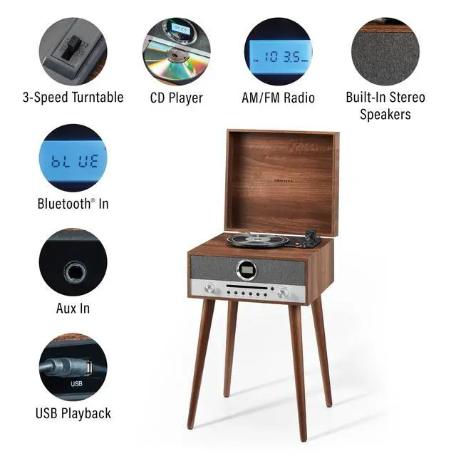 Alt view image 4 of 7 - CR6238A-WA Nash 7-in-1 Record Player, Walnut | 3-Speed Turntable, Bluetooth In, Built-in 20-Watt Full-Range Stereo Speakers, AM/FM Radio, CD Player