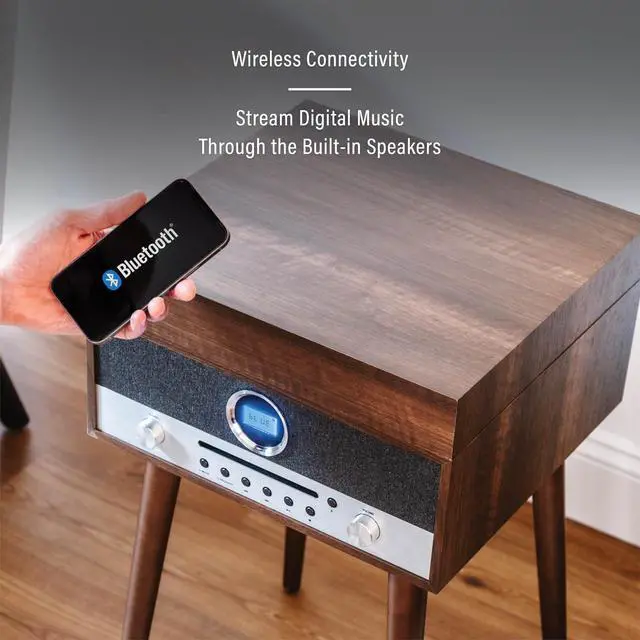 Alt view image 3 of 7 - CR6238A-WA Nash 7-in-1 Record Player, Walnut | 3-Speed Turntable, Bluetooth In, Built-in 20-Watt Full-Range Stereo Speakers, AM/FM Radio, CD Player
