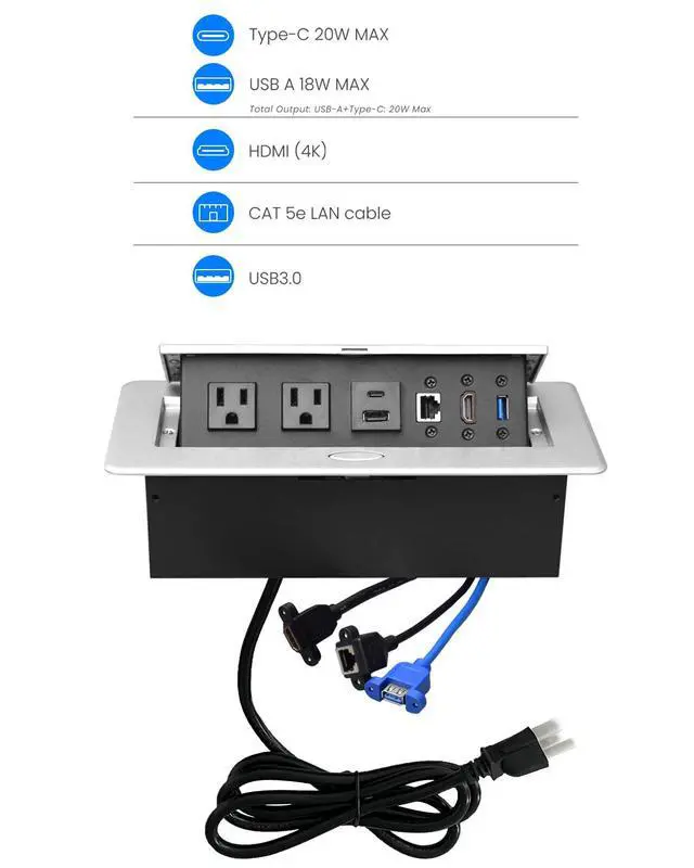 Alt view image 3 of 6 - Conference Table Power Hub, Table Pop Up Power Strip Box with Type-C PD 20W Fast Charging Ports, LAN, HDMI(4K) and USB 3.0 for Conference Room Office Desk (Silver)