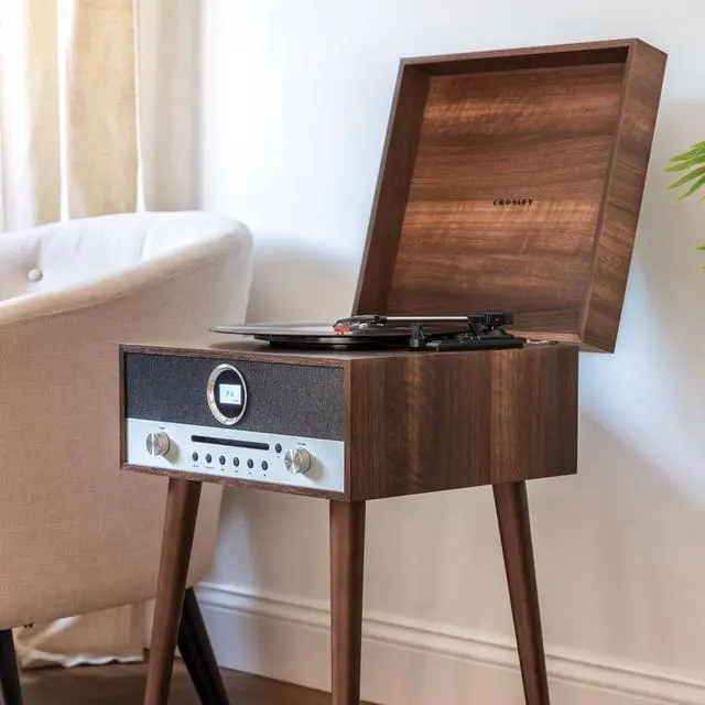 Alt view image 5 of 7 - CR6238A-WA Nash 7-in-1 Record Player, Walnut | 3-Speed Turntable, Bluetooth In, Built-in 20-Watt Full-Range Stereo Speakers, AM/FM Radio, CD Player