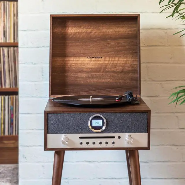 Alt view image 6 of 7 - CR6238A-WA Nash 7-in-1 Record Player, Walnut | 3-Speed Turntable, Bluetooth In, Built-in 20-Watt Full-Range Stereo Speakers, AM/FM Radio, CD Player