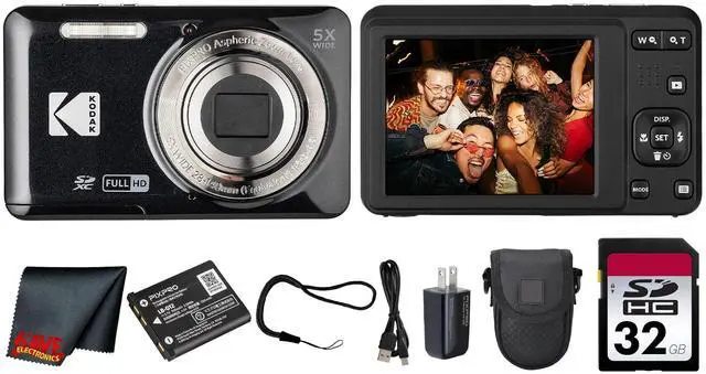 Main image of PIXPRO FZ55 Digital Camera (Black) | 16MP Sensor, 5X Optical Zoom, 28mm Wide-Angle Lens & Full HD Video | Great for Travel & Beginner Photography (FZ55BK) + 32GB Card + Case + Cleaning Cloth