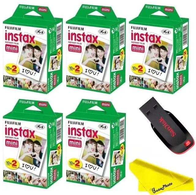 Main image of Instax Mini Instant Camera Film with Sandisk 32 GB USB Flash Drive + 5 x Mini Twin Packs (100 Sheets) and Buzz-Photo Microfiber Cleaning Cloth