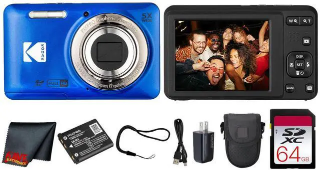 Main image of PIXPRO FZ55 Digital Camera (Blue) | 16MP Sensor, 5X Optical Zoom, 28mm Wide-Angle Lens & Full HD Video | Great for Travel & Beginner Photography (FZ55BL) + 64GB Card + Case + Cleaning Cloth
