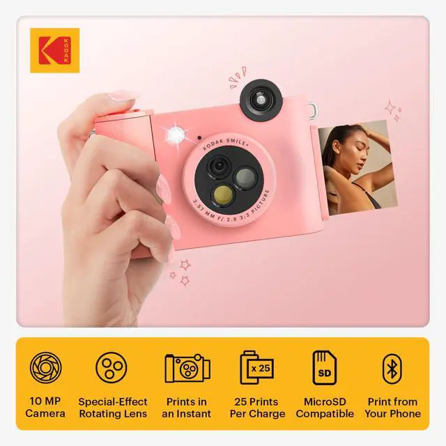 Alt view image 2 of 7 - Smile+ 2-in-1 Digital Instant Print Camera & Photo Printer Gift Bundle + Case + Zink 2x3 Sticky Back Photo Paper 20pk + Album + Sticker Sets + Sticker Frames + Hanging Frames + Markers - Pink