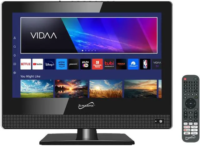 Main image of SC-1520VTV 15.6 inch Smart AC/DC LED TV, Powered by VIDAA, 1080p, WiFi, Built-in Speakers, USB, 3X HDMI ARC, For Kitchen, RV, Boat, Truck, Playroom, Room, Remote, DC Car Cord INCLUDED-Black