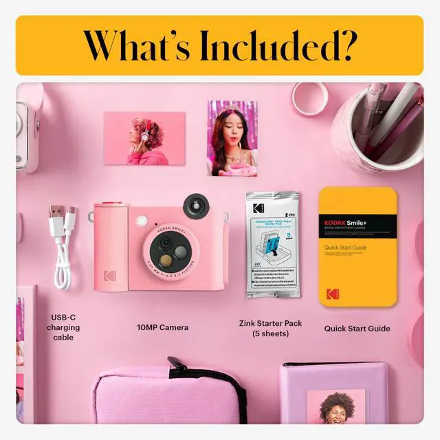 Alt view image 3 of 7 - Smile+ 2-in-1 Digital Instant Print Camera & Photo Printer Gift Bundle + Case + Zink 2x3 Sticky Back Photo Paper 20pk + Album + Sticker Sets + Sticker Frames + Hanging Frames + Markers - Pink