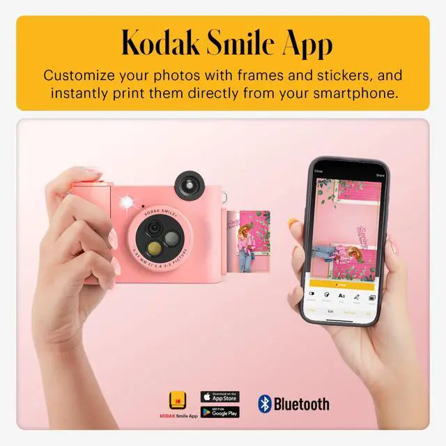 Alt view image 4 of 7 - Smile+ 2-in-1 Digital Instant Print Camera & Photo Printer Gift Bundle + Case + Zink 2x3 Sticky Back Photo Paper 20pk + Album + Sticker Sets + Sticker Frames + Hanging Frames + Markers - Pink