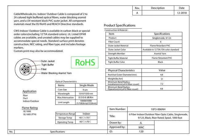 Alt view image 4 of 7 - 6 Strand Fiber Optic Cable, Singlemode, Indoor/Outdoor OS2 9/125 Micron, Black, Riser Rated, Spool, 1000 ft