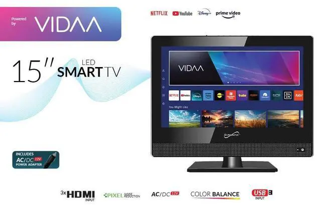 Alt view image 6 of 7 - SC-1520VTV 15.6 inch Smart AC/DC LED TV, Powered by VIDAA, 1080p, WiFi, Built-in Speakers, USB, 3X HDMI ARC, For Kitchen, RV, Boat, Truck, Playroom, Room, Remote, DC Car Cord INCLUDED-Black