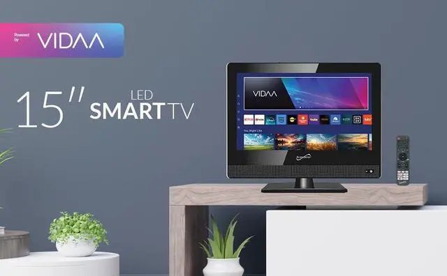 Alt view image 7 of 7 - SC-1520VTV 15.6 inch Smart AC/DC LED TV, Powered by VIDAA, 1080p, WiFi, Built-in Speakers, USB, 3X HDMI ARC, For Kitchen, RV, Boat, Truck, Playroom, Room, Remote, DC Car Cord INCLUDED-Black