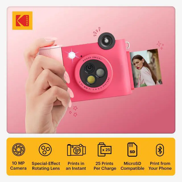 Alt view image 2 of 7 - Smile+ 2-in-1 Digital Instant Print Camera & Printer Gift Bundle + Case + Zink 2x3 Sticky Back Photo Paper 20pk + Album + Sticker Sets + Sticker Frames + Hanging Frames + Markers - Fuchsia
