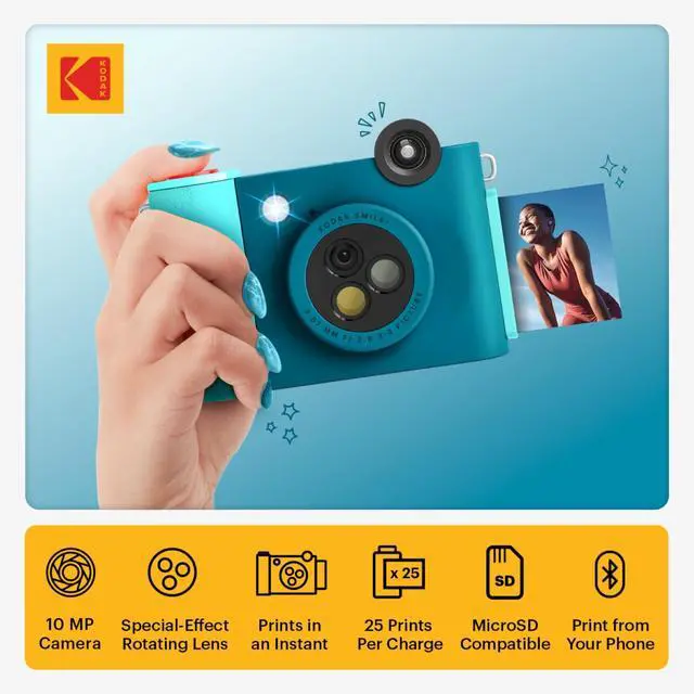 Alt view image 2 of 7 - Smile+ 2-in-1 Digital Instant Print Camera & Photo Printer Gift Bundle + Case + Zink 2x3 Sticky Back Photo Paper 20pk + Album + Sticker Sets + Sticker Frames + Hanging Frames + Markers - Blue