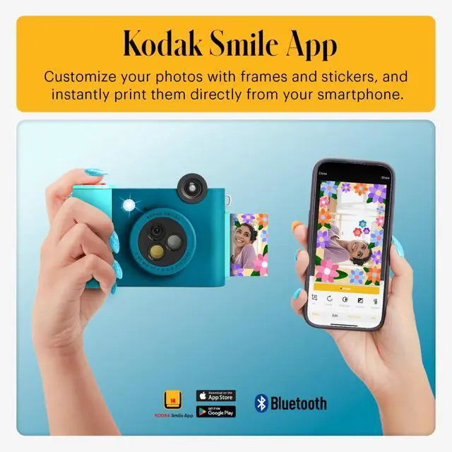Alt view image 4 of 7 - Smile+ 2-in-1 Digital Instant Print Camera & Photo Printer Gift Bundle + Case + Zink 2x3 Sticky Back Photo Paper 20pk + Album + Sticker Sets + Sticker Frames + Hanging Frames + Markers - Blue