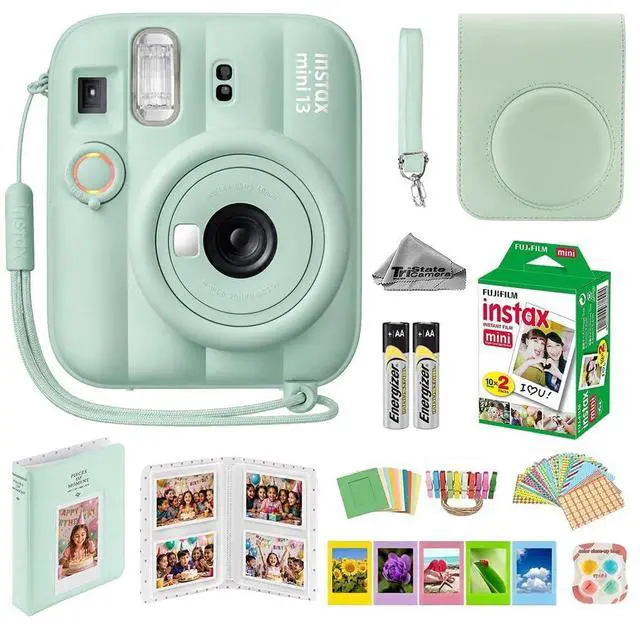 Main image of Instax Mini 13 Green Instant Camera with 20-Sheet Film Set | Includes Instax Mini 13 camera, 20-sheet film, carrying case, photo album, color filters, and assorted photo frames