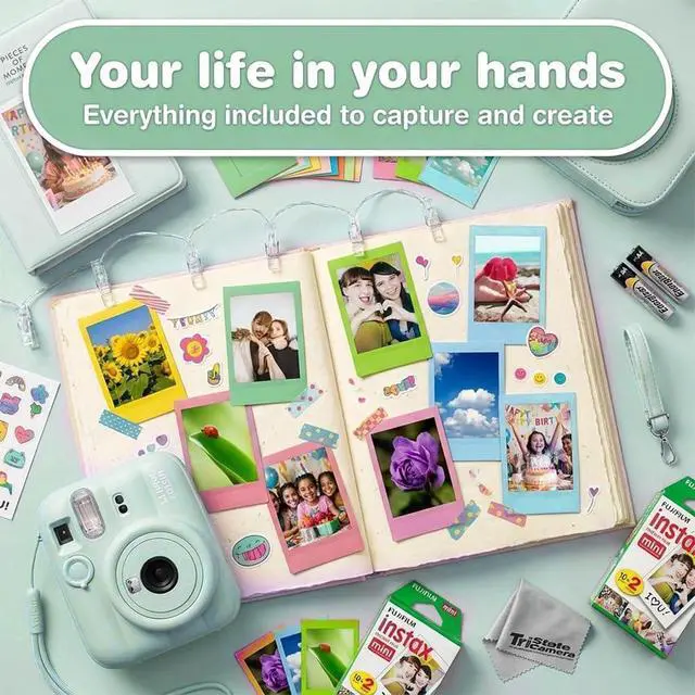 Alt view image 2 of 7 - Instax Mini 13 Green Instant Camera with 20-Sheet Film Set | Includes Instax Mini 13 camera, 20-sheet film, carrying case, photo album, color filters, and assorted photo frames