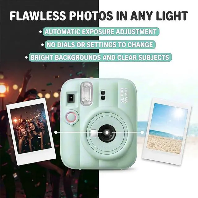 Alt view image 4 of 7 - Instax Mini 13 Green Instant Camera with 20-Sheet Film Set | Includes Instax Mini 13 camera, 20-sheet film, carrying case, photo album, color filters, and assorted photo frames