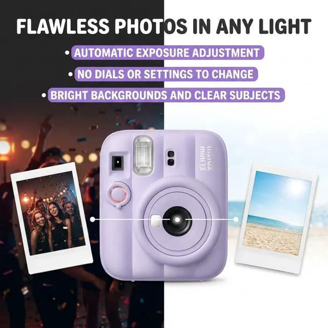 Main image of Instax Mini 13 Purple Instant Camera with 20-Sheet Film Set | Includes Instax Mini 13 camera, 20-sheet film, carrying case, photo album, color filters, and assorted photo frames