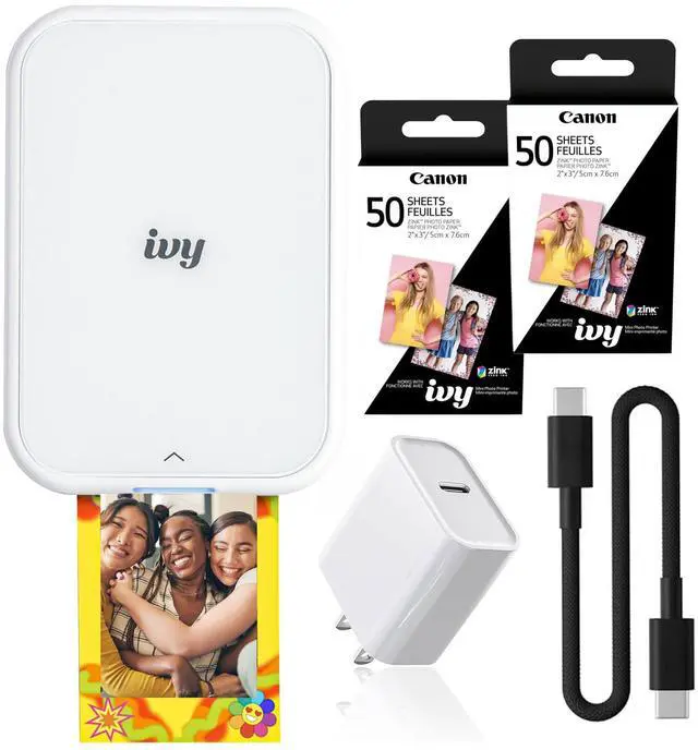 Main image of Ivy 2 Mini Photo Printer Pure White Travel Accessory Bundle | For iOS & Android, ZINK 2x3 Sticky-Back Photo Prints, Compact Travel Size | Bluetooth | 50 Sheets + More