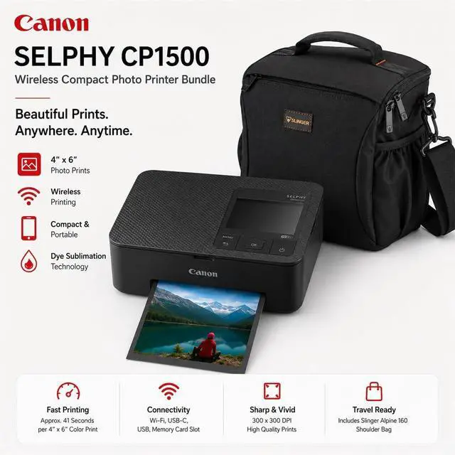 Alt view image 2 of 7 - SELPHY CP1500 Wireless Printer with KP-108IN Ink, Paper & Bag (Black) | Complete Photo Printing Bundle with, Shoulder, Power Adapter, Cassette and AC Cable