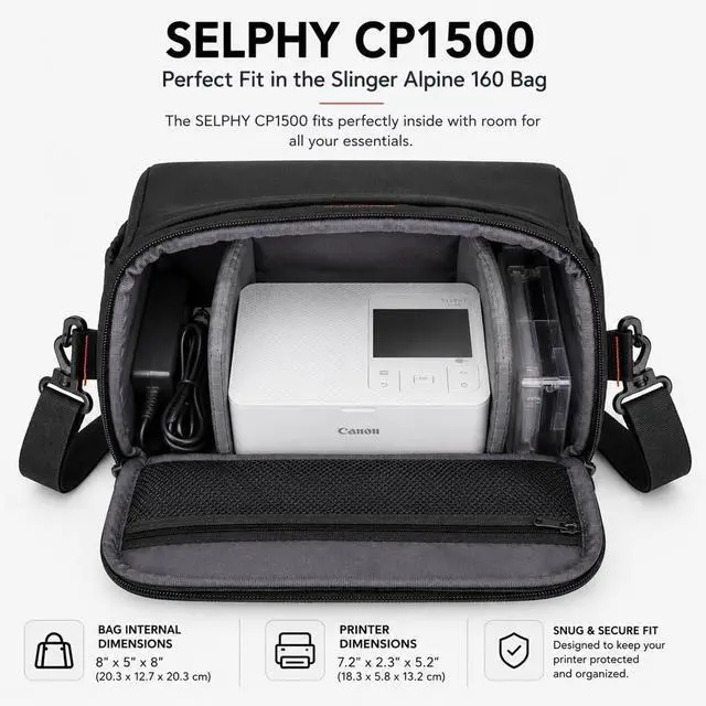 Alt view image 5 of 7 - SELPHY CP1500 Wireless Printer with KP-108IN Ink, Paper & Bag (Black) | Complete Photo Printing Bundle with, Shoulder, Power Adapter, Cassette and AC Cable