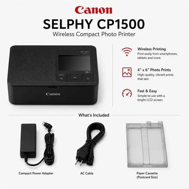Alt view image 3 of 7 - SELPHY CP1500 Wireless Printer with KP-108IN Ink, Paper & Bag (Black) | Complete Photo Printing Bundle with, Shoulder, Power Adapter, Cassette and AC Cable