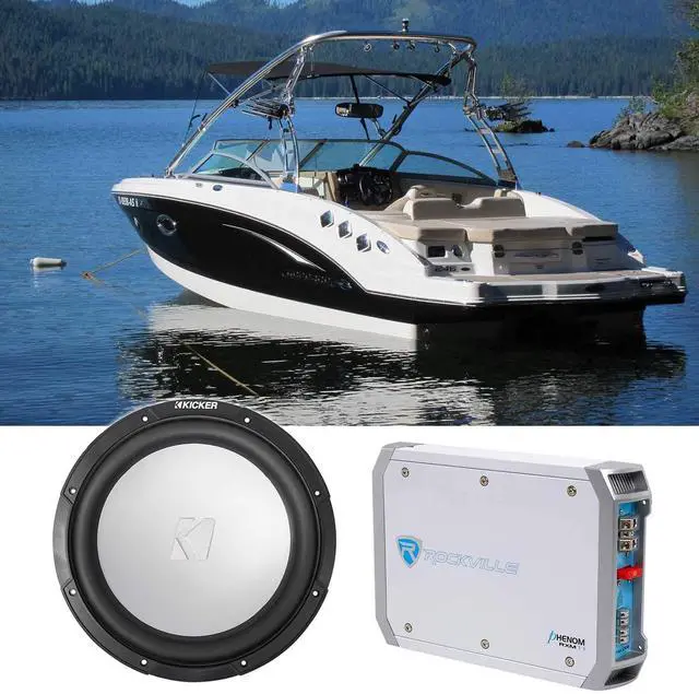 Main image of 45KM104 10" 350w Peak/175w RMS Marine Boat Subwoofer SVC 4-ohm Sub KM10 Bundle with Rockville RXM-T1 1500 Watt Peak Marine/Boat 2 Channel Amplifier Stereo Amp