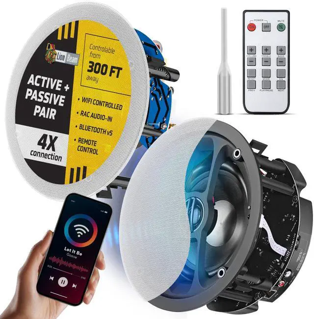 Main image of LionBeam Wi-Fi & Bluetooth Ceiling Speakers 6.5" Flush Mount Ceiling & in Wall Speakers Active Passive Pair 60W Amplifier with Remote Control Speaker for Home Theaters Indoor Outdoor Wall Speaker