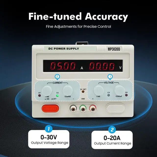 Alt view image 4 of 7 - MP3020D DC Power Supply DC 0-32V DC 0-20A Continuously Variable, Constant Voltageand Constant Current Automatic Conversion, DC Power Supply with 4 Safety Protections (OVP, OCP, OTP and OPP)