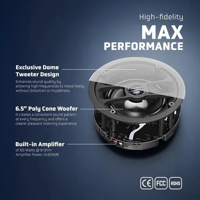 Alt view image 3 of 7 - LionBeam Wi-Fi & Bluetooth Ceiling Speakers 6.5" Flush Mount Ceiling & in Wall Speakers Active Passive Pair 60W Amplifier with Remote Control Speaker for Home Theaters Indoor Outdoor Wall Speaker