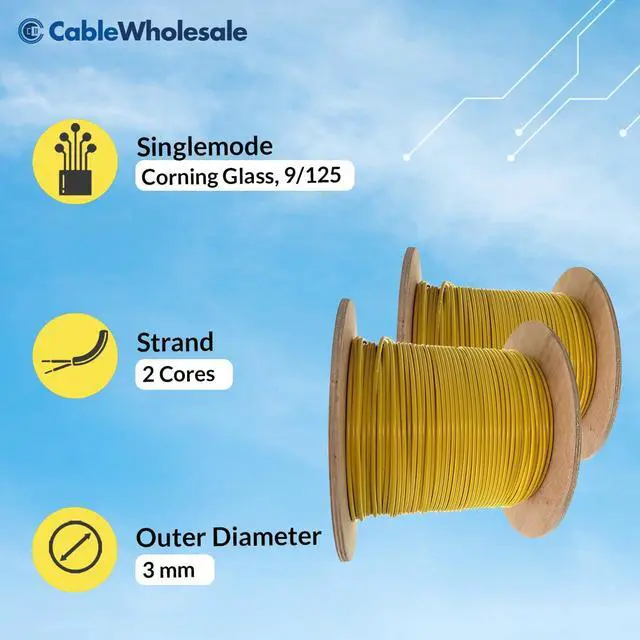 Alt view image 4 of 6 - Bulk Zipcord Fiber Optic Cable, Singlemode, OS2 9/125 Micron, Two Fiber - Duplex Fiber Optic Cable, Yellow, Riser Rated, Spool, 1000 feet