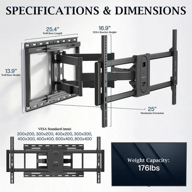 Alt view image 5 of 6 - PRO 43 to 95 inch Large Screen Heavy Duty, Premium TV Wall Mount for LCD LED Flat and Curved Screens, Swivel Mount with Lateral Shift, Max VESA 800x400mm, Holds 176 lbs, Black, PRO-TVWM95A