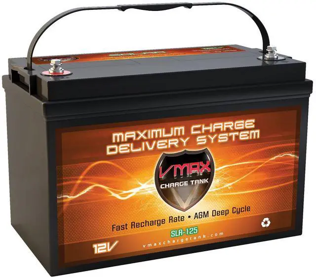 Main image of VMAXSLR125 AGM deep cycle 12V 125AH battery for Use with gas or electric power backup generator or smart charger for off grid power systems