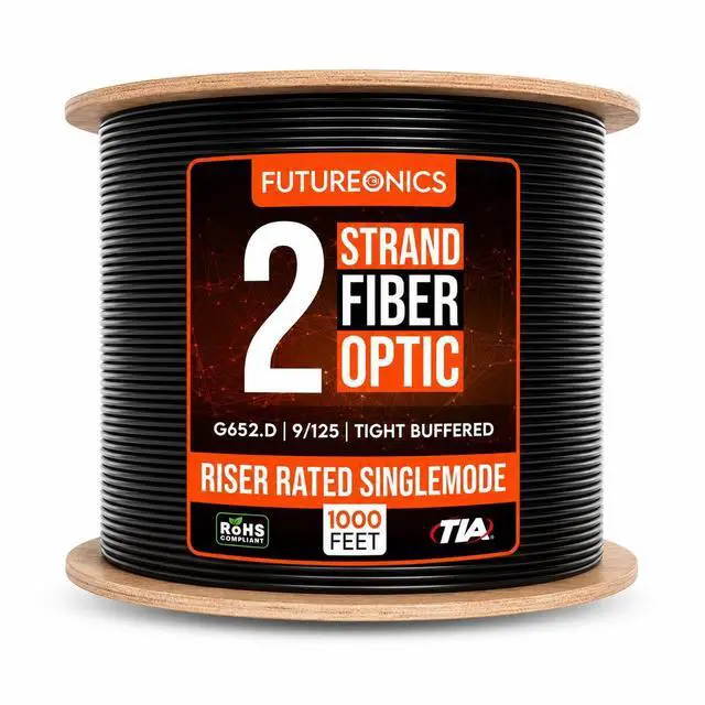 Main image of 2 Strand Indoor/Outdoor Fiber Optic Cable, OS2 9/125 Singlemode, G652.D, Black, Riser Rated, Spool, 1000 Feet