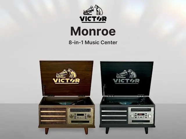 Alt view image 2 of 6 - VWRP-3700 Monroe Retro 8-in-1 Turntable Record Player and Entertainment Center with Bluetooth and Built in Speakers, Walnut