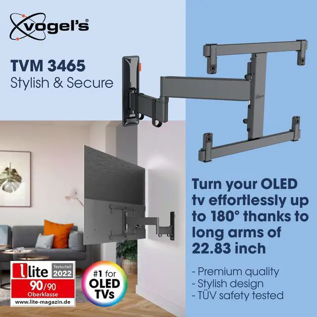 Alt view image 2 of 6 - TVM 3465 Full-Motion OLED TV wall Bracket for 32-65 inch TVs, Max. 55 lbs (25 kg), Swivels up to 180º, Full-Motion OLED TV wall Mount, Max. VESA 400x400, Universal Compatibility