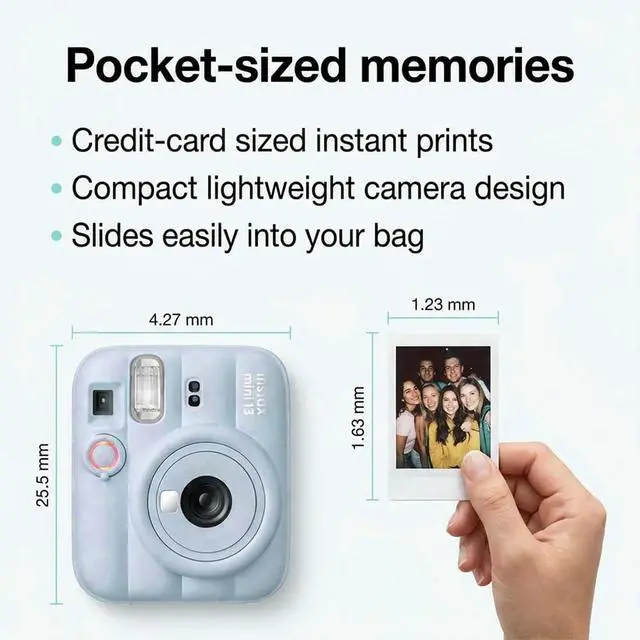 Alt view image 5 of 7 - Instax Mini 13 Frost Blue Instant Camera with 20-Sheet Film | Includes Instax Mini 13 Frost Blue Camera, 20-Sheet Mini Film, and 20 Sticker Frames for creative instant photos