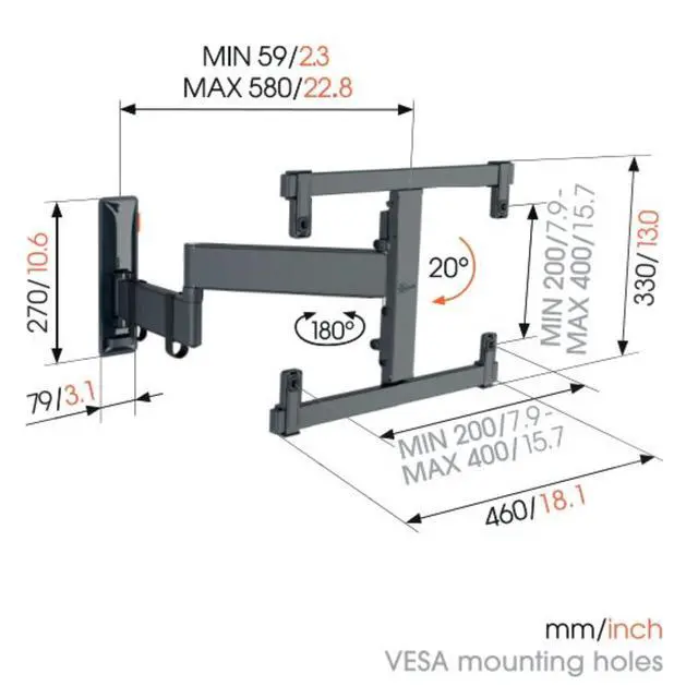 Alt view image 5 of 6 - TVM 3465 Full-Motion OLED TV wall Bracket for 32-65 inch TVs, Max. 55 lbs (25 kg), Swivels up to 180º, Full-Motion OLED TV wall Mount, Max. VESA 400x400, Universal Compatibility