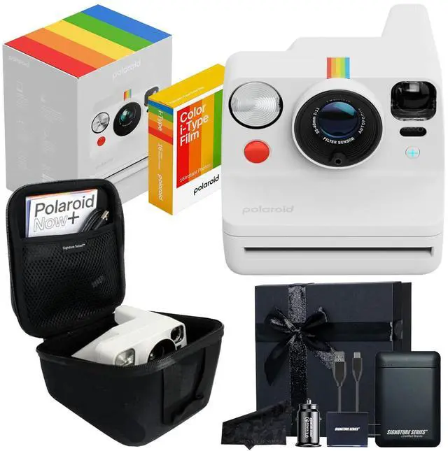 Main image of Polaroid Now+ 3rd Generation Bluetooth i-Type Instant Camera with 16 Color Film Photos, White | App Controlled with Signature Series Gift Bundle