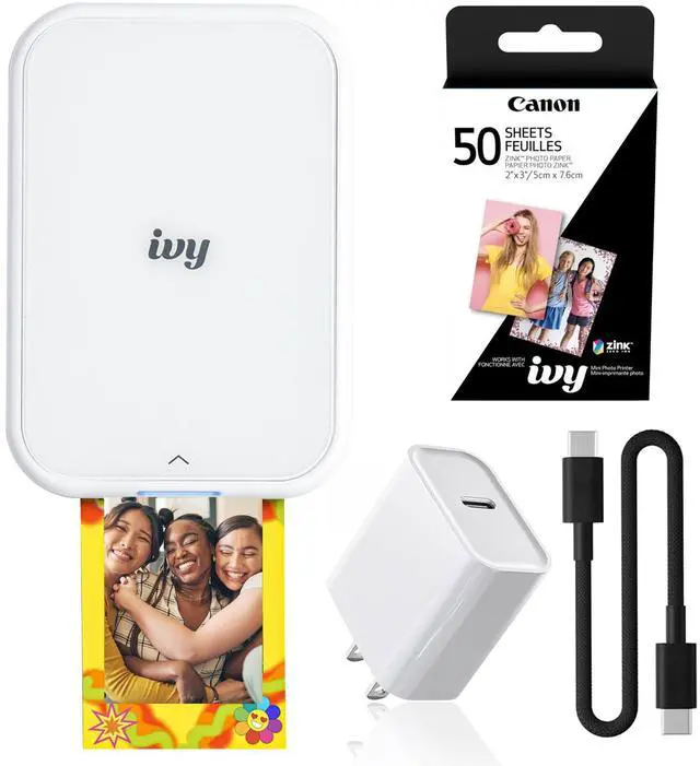 Main image of Ivy 2 Mini Photo Printer (5452C018) Bundle | For iOS & Android, ZINK 2x3 Sticky-Back Photo Prints, Compact Travel Size | Bluetooth | 50 Sheets + More