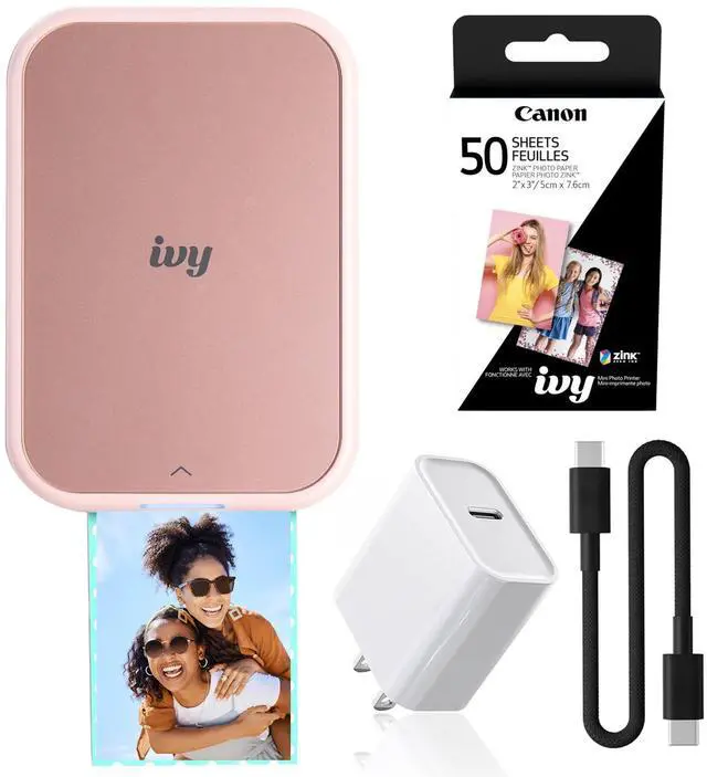 Main image of Ivy 2 Mini Photo Printer (5452C017) Bundle | For iOS & Android, ZINK 2x3 Sticky-Back Photo Prints, Compact Travel Size | Bluetooth | 50 Sheets + More