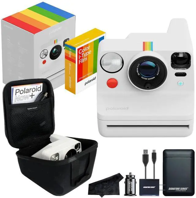 Main image of Polaroid Now+ 3rd Generation Bluetooth i-Type Instant Camera with 16 Color Film Photos, White | App Controlled with Signature Series Power Bundle